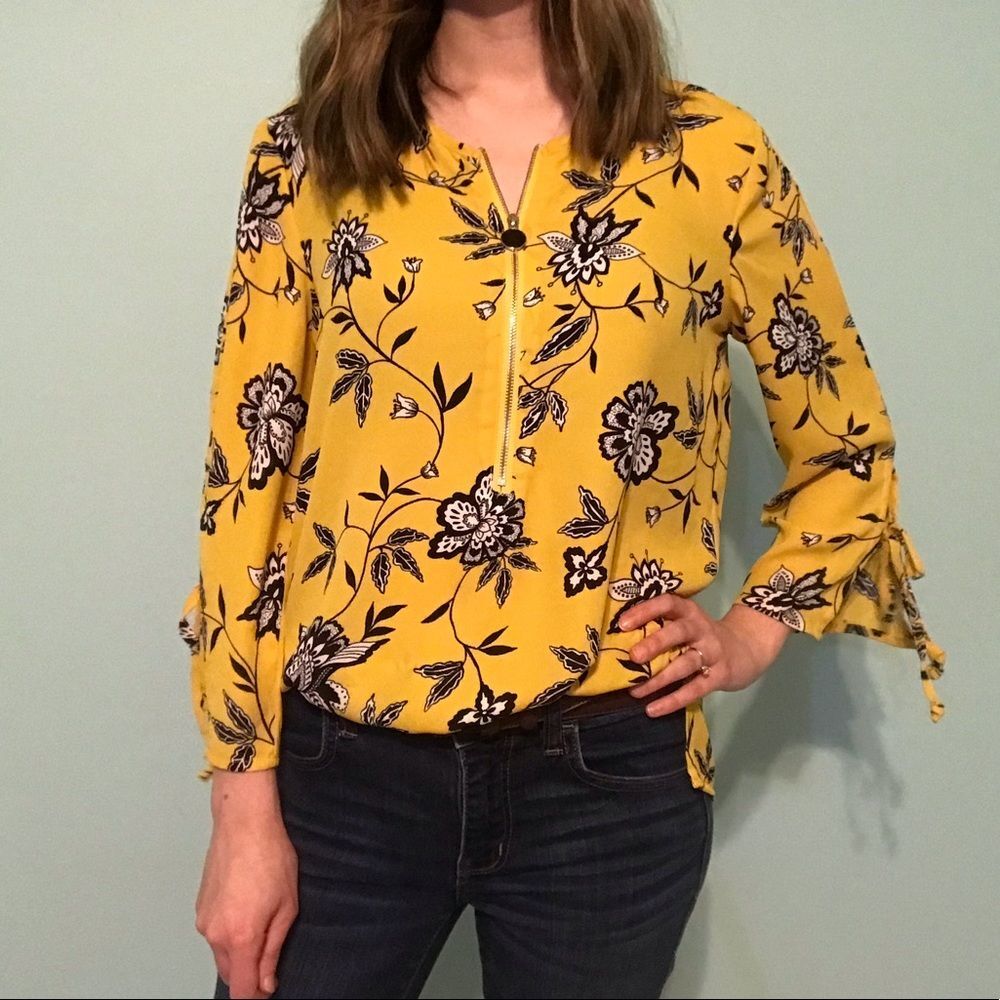 Counterparts Yellow Chiffon Floral Blouse w/ Zipper size Small